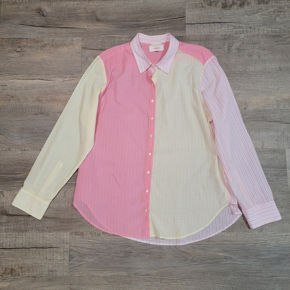 Xirena Button Up Long Sleeve Shirt Size Large Pink Yellow Color Block Cotton Top